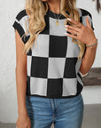 Mandy Checkered Round Neck Cap Sleeve Knit Top - Little Miss Vanilla