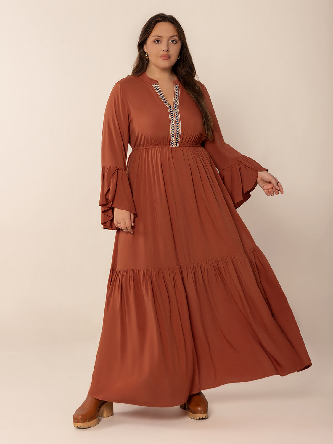 Plus Size Ruffled Notched Long Sleeve Midi Dress - Little Miss Vanilla