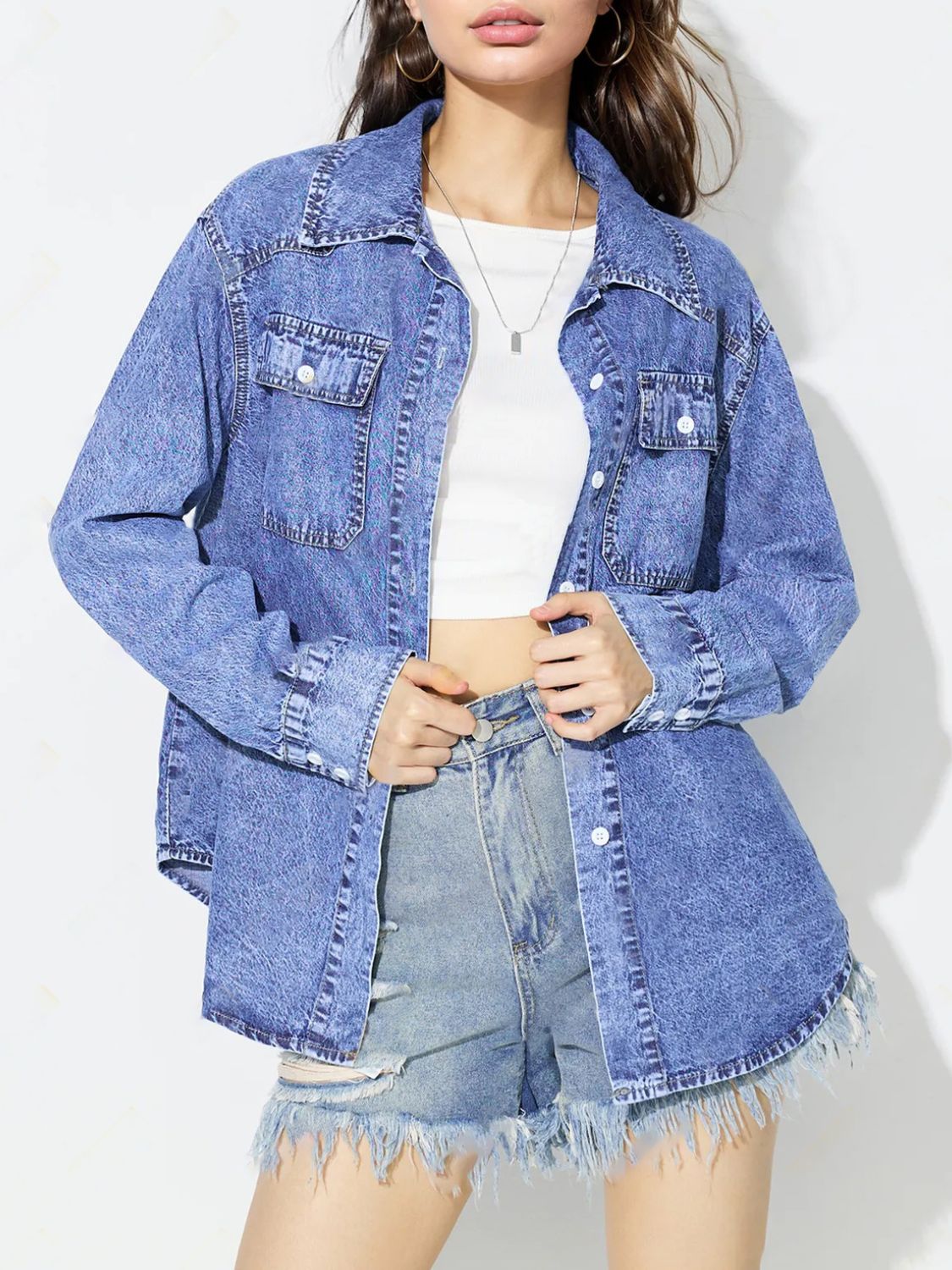 Curved Hem Collared Neck Denim Top - Little Miss Vanilla