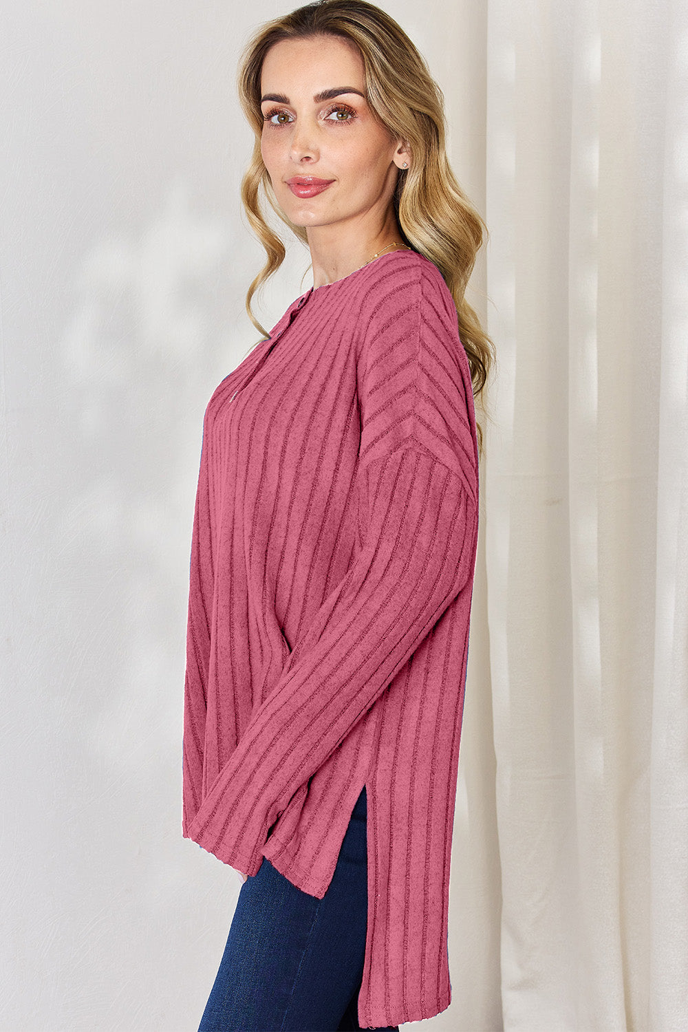 Basic Bae Full Size Ribbed Half Button Long Sleeve High-Low T-Shirt - Little Miss Vanilla