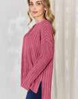 Basic Bae Full Size Ribbed Half Button Long Sleeve High-Low T-Shirt - Little Miss Vanilla