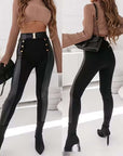 Leisure Fashion Double-breasted Pu Stitching Tights