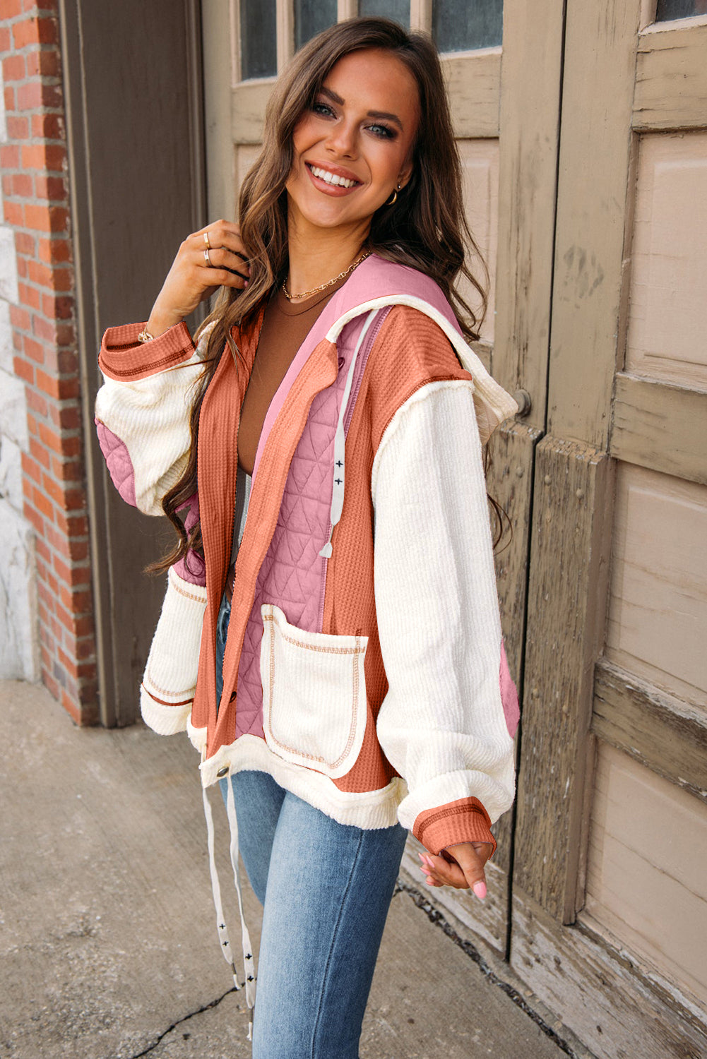 Coral Quilted Textured Patchwork Loose Fit Hooded Jacket - Little Miss Vanilla