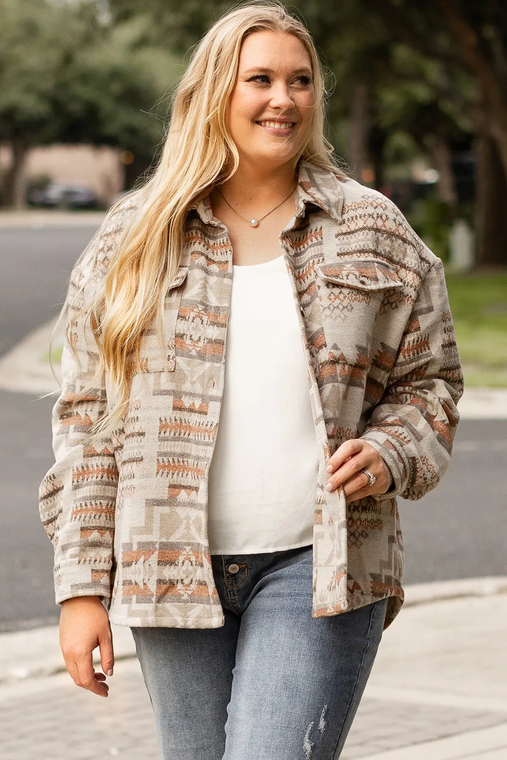 Plus Size Geometric Collared Neck Long Sleeve Jacket - Little Miss Vanilla