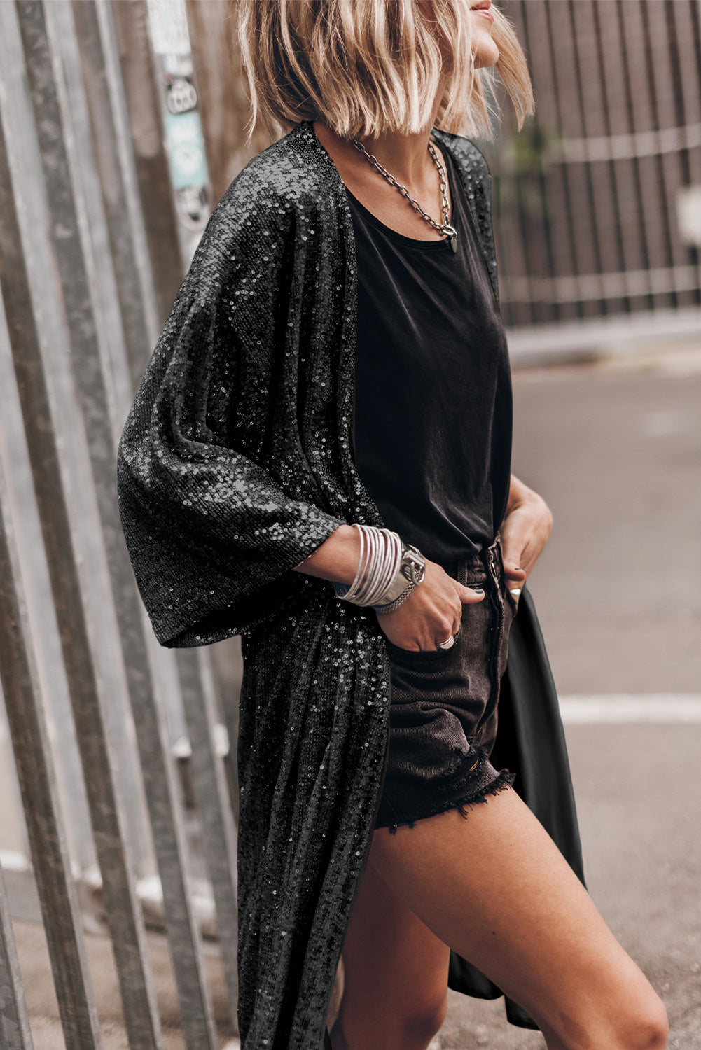 Black Sequin 3/4 Sleeve Open Front Duster Kimono - Little Miss Vanilla