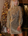 Gold Sequined Long Sleeve Cutout Back Mini Dress - Little Miss Vanilla