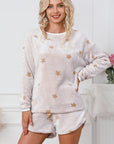 White Plush Star Pattern Long Sleeve Pullover and Shorts Lounge Set - Little Miss Vanilla