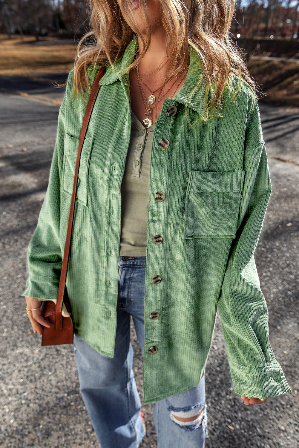 Mist Green Patched Pocket Button Up Corduroy Shacket - Little Miss Vanilla