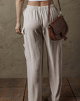 Beige Boho Linen Drawstring Waist Raw Edge Cargo Loose Pants