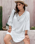 Plus Size Lace Detail Tie Neck Three-Quarter Sleeve Mini Dress - Little Miss Vanilla