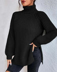 Turtleneck Pullover Sweater With Split Design Fashion Simple Solid Color Long Sleeve Tops Women's Clothing