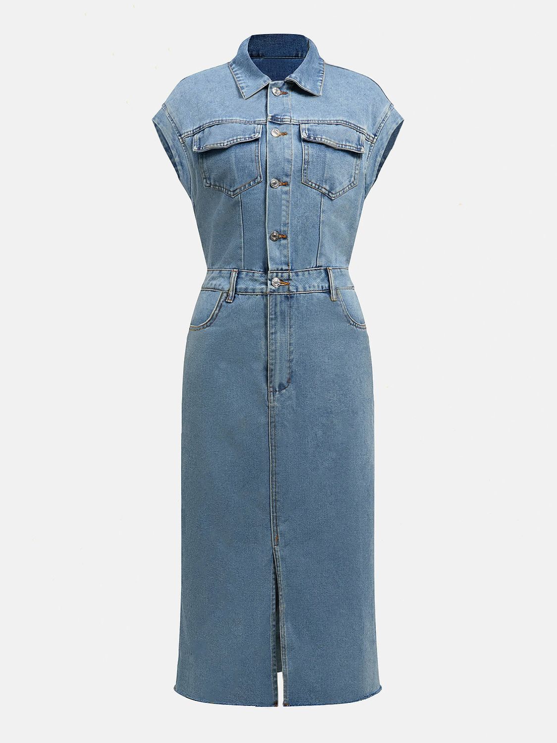 Slit Half Button Collared Neck Cap Sleeve Denim Dress - Little Miss Vanilla