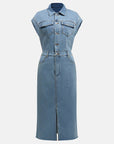 Slit Half Button Collared Neck Cap Sleeve Denim Dress - Little Miss Vanilla