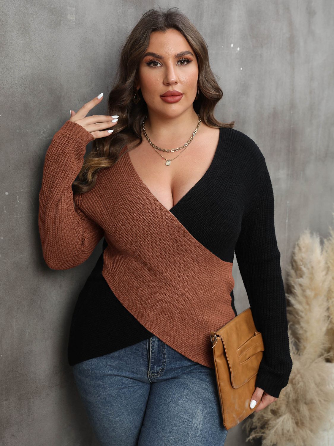 Plus Size Two-Tone Surplice Neck Sweater - Little Miss Vanilla