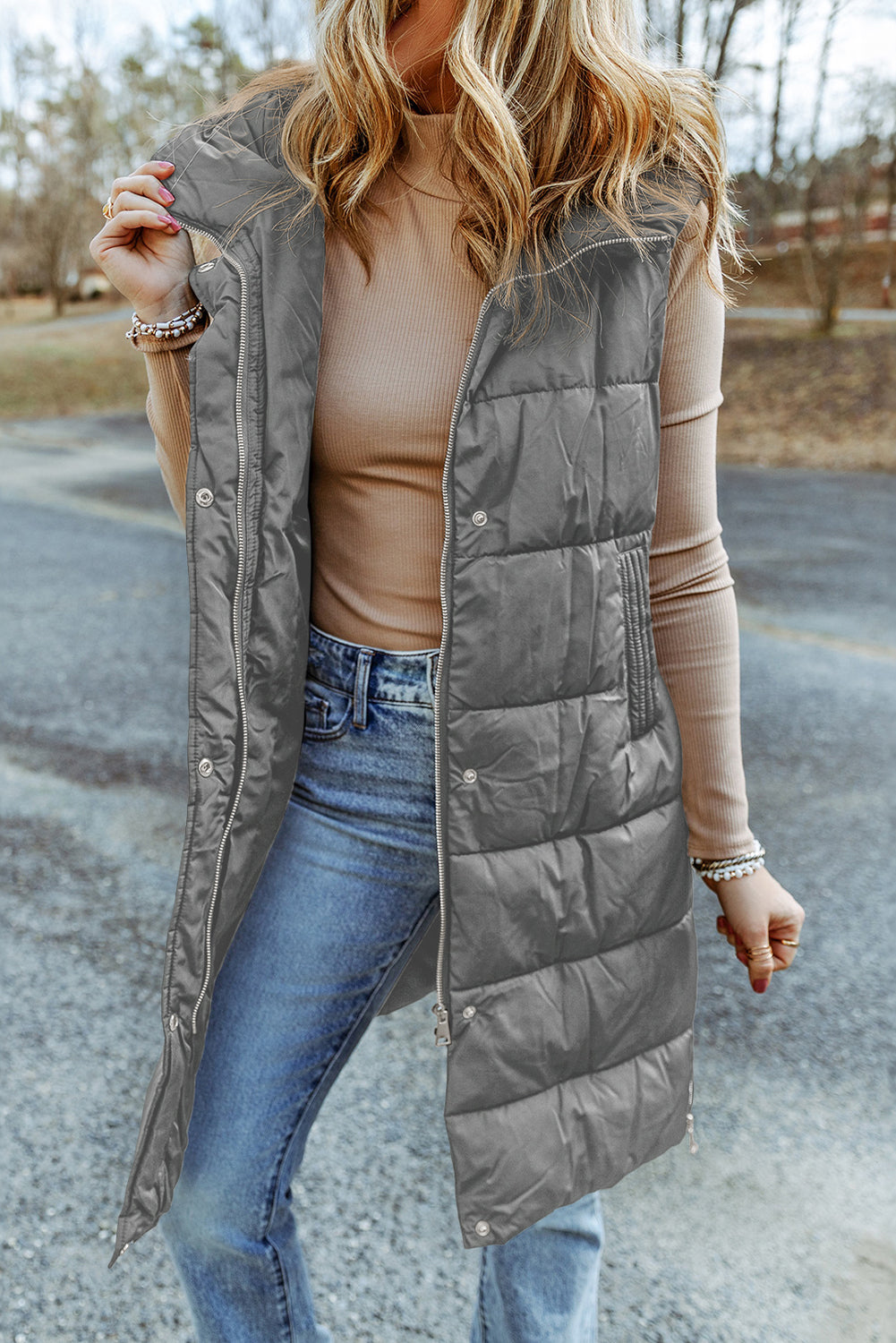 Dark Grey Hooded Long Quilted Vest Coat - Little Miss Vanilla