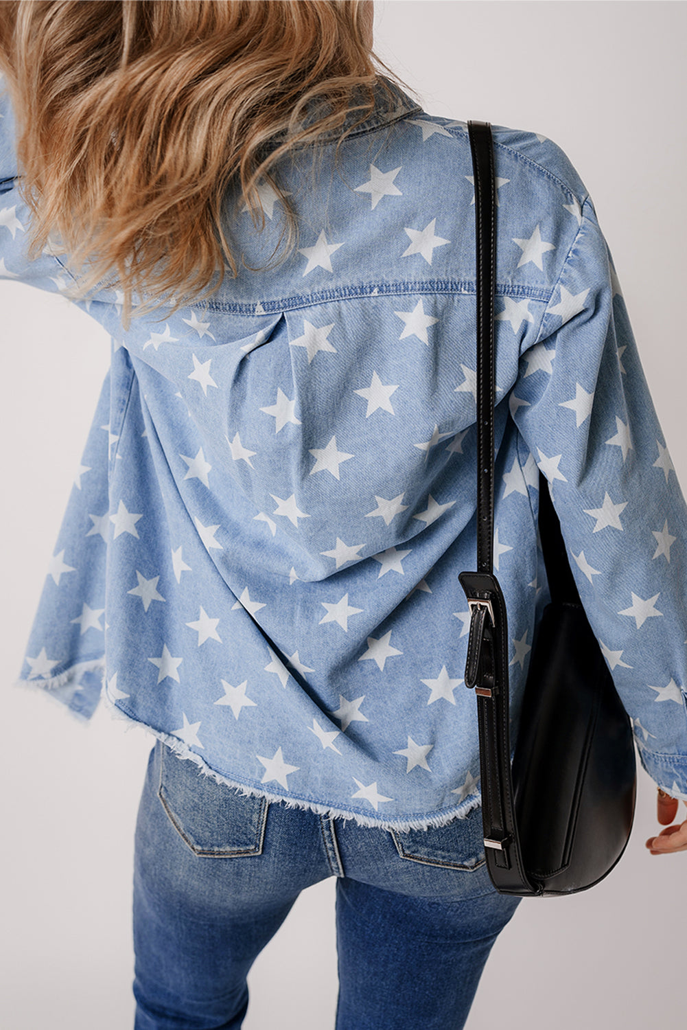 Sky Blue Star Print Light Wash Raw Hem Denim Jacket - Little Miss Vanilla