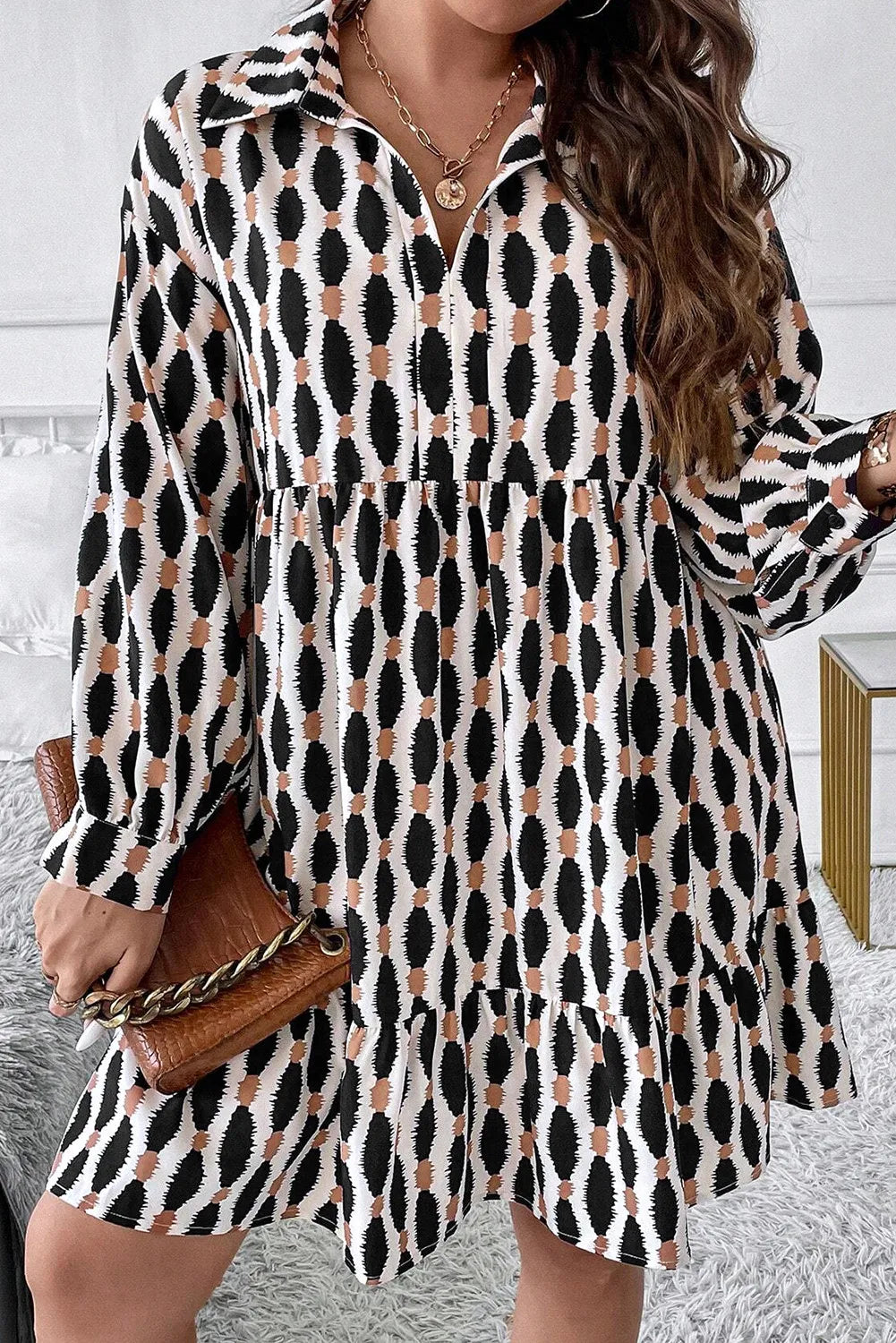 Plus Size Printed Johnny Collar Long Sleeve Dress - Little Miss Vanilla