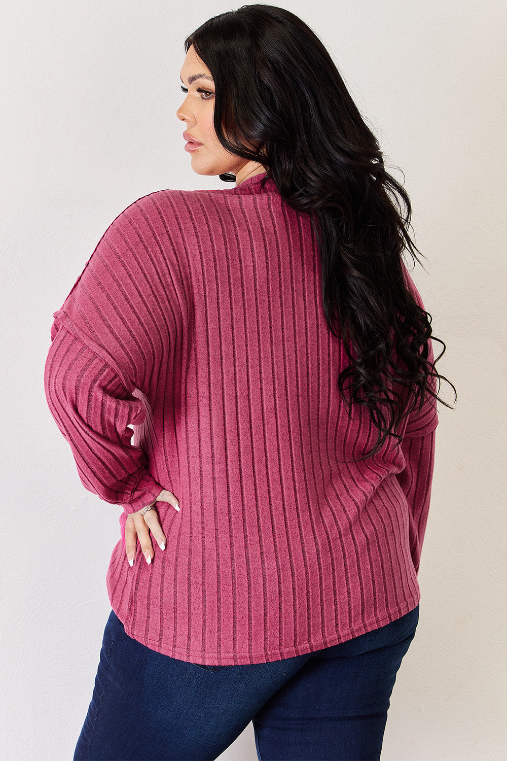 Basic Bae Full Size Ribbed Half Button Long Sleeve High-Low T-Shirt - Little Miss Vanilla