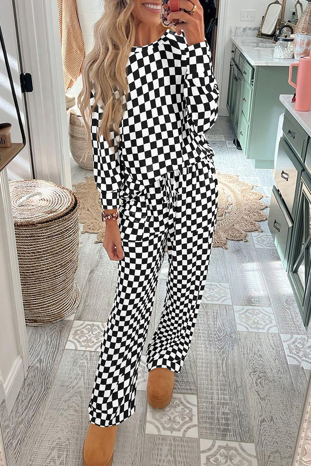 Black Checkered Print Long Sleeve Top and Pants Lounge Set - Little Miss Vanilla