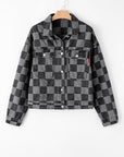 Black Checkered Patchwork Button up Denim Jacket