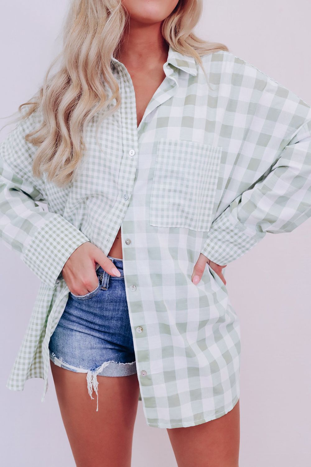 Pocketed Plaid Collared Neck Long Sleeve Shirt - Little Miss Vanilla