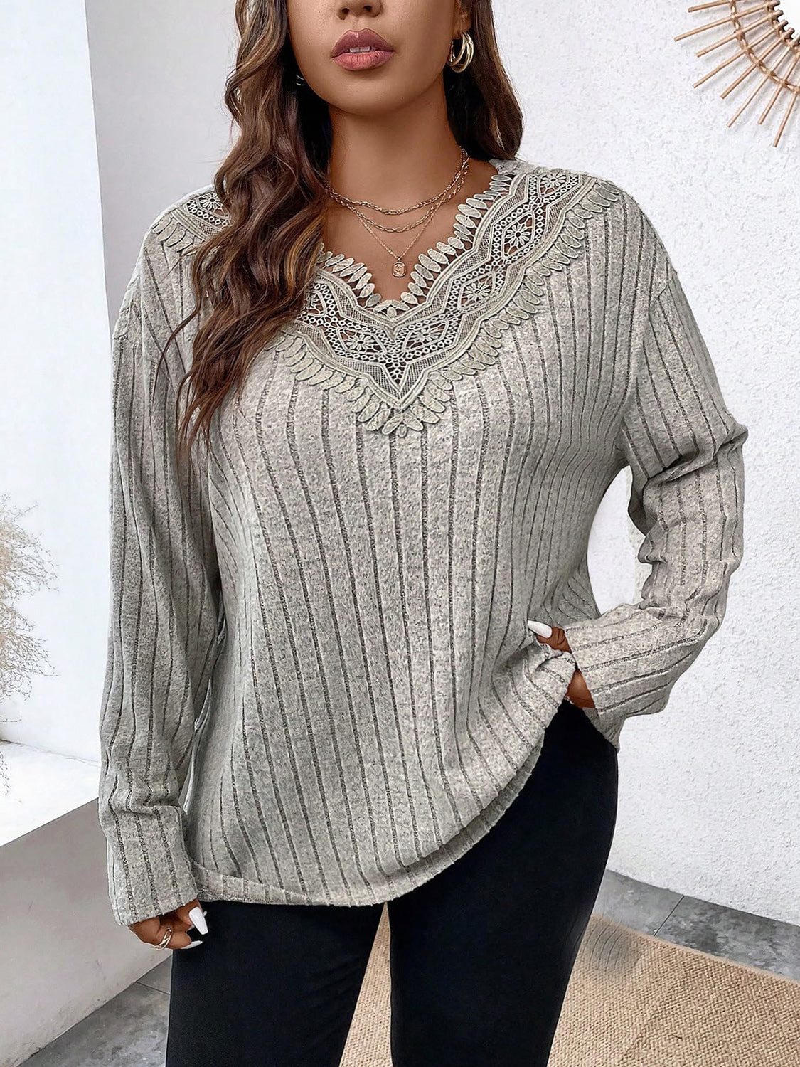 Plus Size Lace Detail Long Sleeve T-Shirt - Little Miss Vanilla