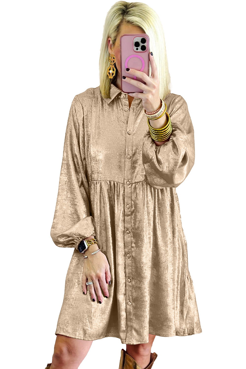 Apricot Metallic Sheen Puff Sleeve Button Up Mini Shirt Dress - Little Miss Vanilla