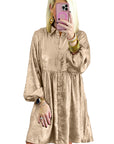 Apricot Metallic Sheen Puff Sleeve Button Up Mini Shirt Dress - Little Miss Vanilla