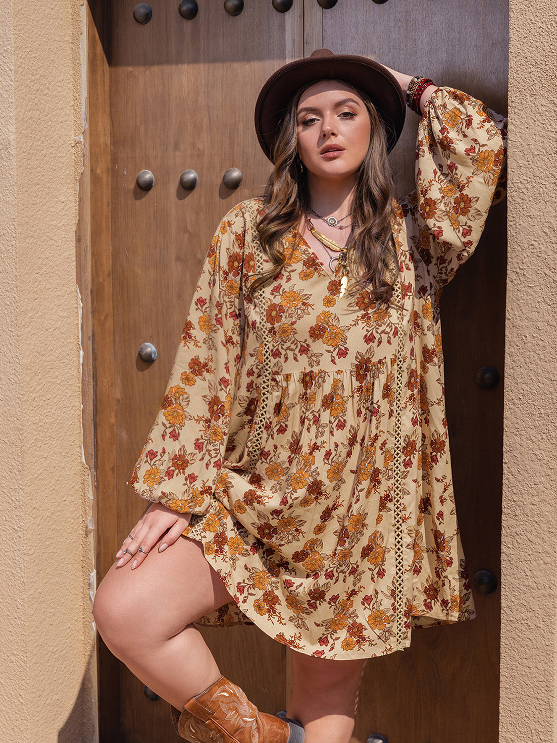 Plus Size Printed V-Neck Balloon Sleeve Mini Dress - Little Miss Vanilla