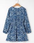 Blue Vintage Print Lace up V Neck Long Sleeve Mini Dress - Little Miss Vanilla