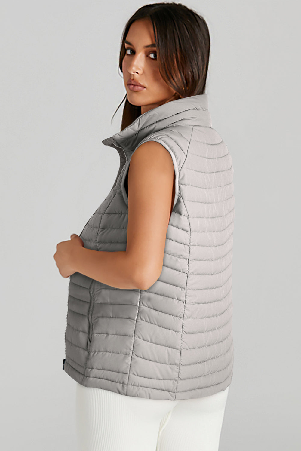 Silvery Plush Collared Quilted Zipped Puffer Vest - Little Miss Vanilla