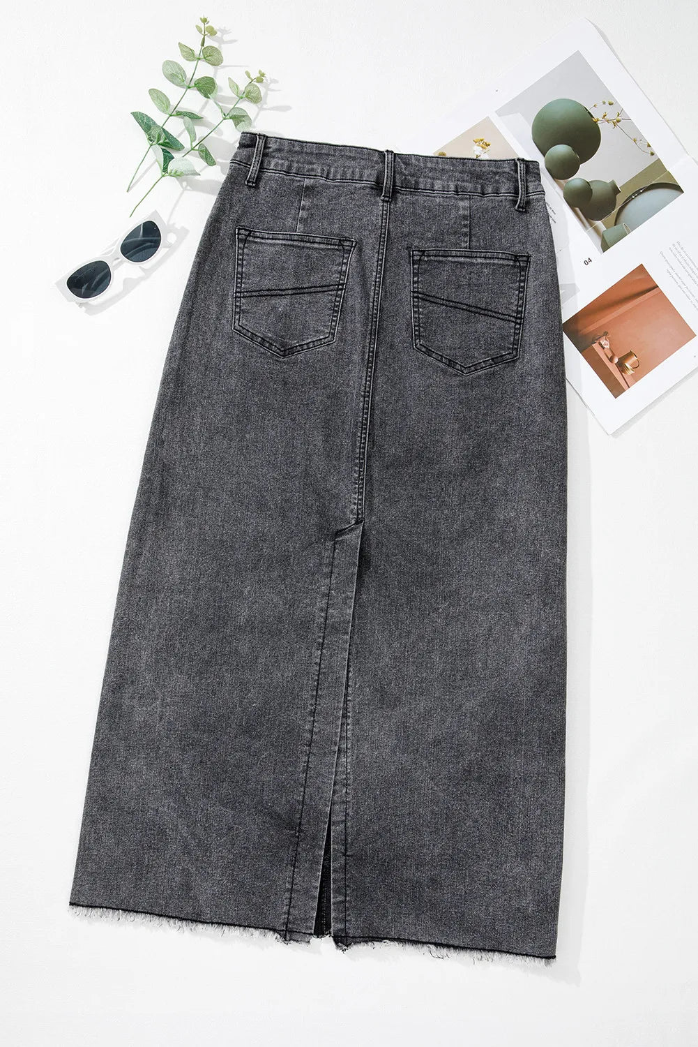 Raw Hem Midi Denim Skirt with Pockets - Little Miss Vanilla