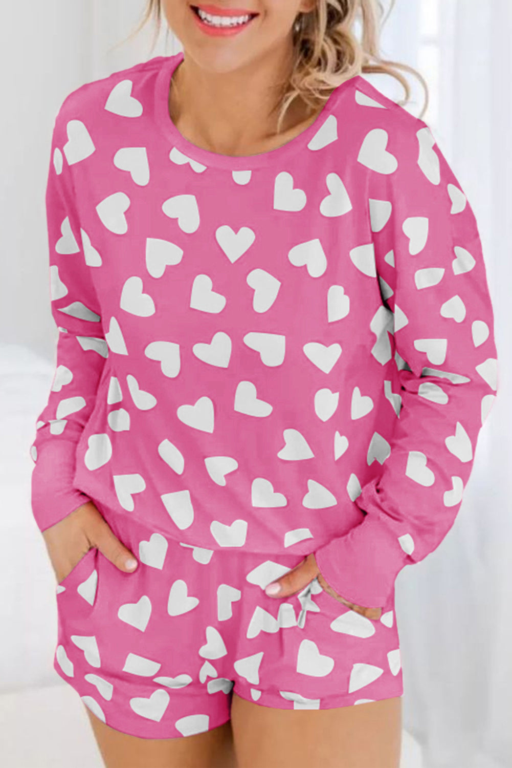 Pink Valentine Heart Shape Print Long Sleeve Top Shorts Lounge Set - Little Miss Vanilla