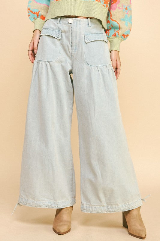 Davi & Dani Drawstring Hem Wide Leg Mid Rise Jeans - Little Miss Vanilla