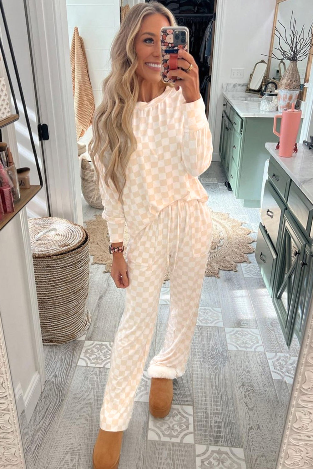 Beige Checkered Print Long Sleeve Top and Pants Lounge Set - Little Miss Vanilla