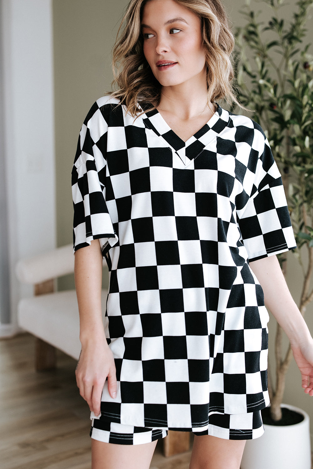 Black Checkerboard Print V Neck Loose Tee and Shorts Lounge Set