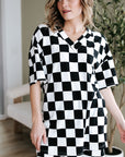 Black Checkerboard Print V Neck Loose Tee and Shorts Lounge Set