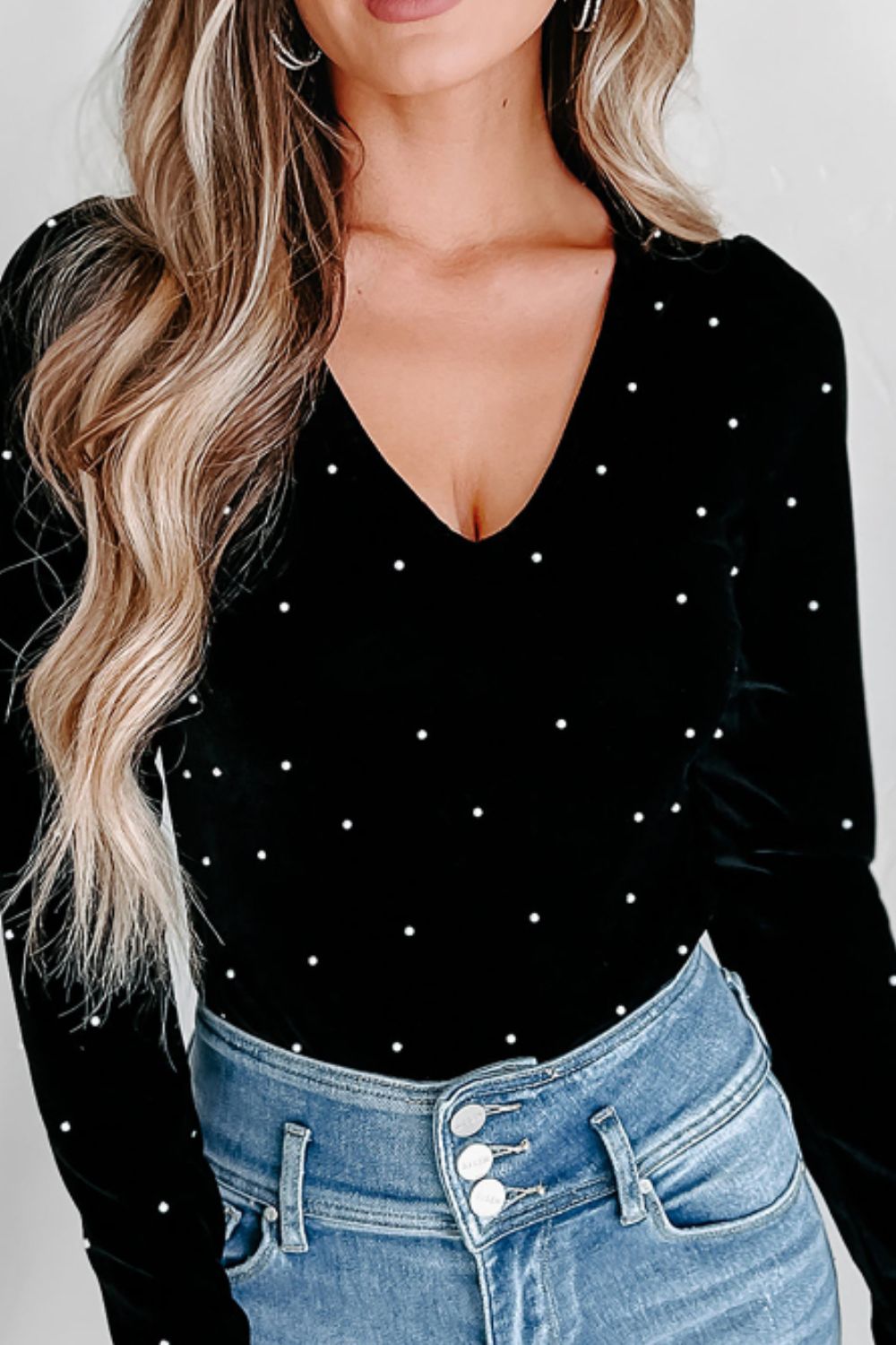 Pearl Detail Velvet V-Neck Long Sleeve Bodysuit - Little Miss Vanilla