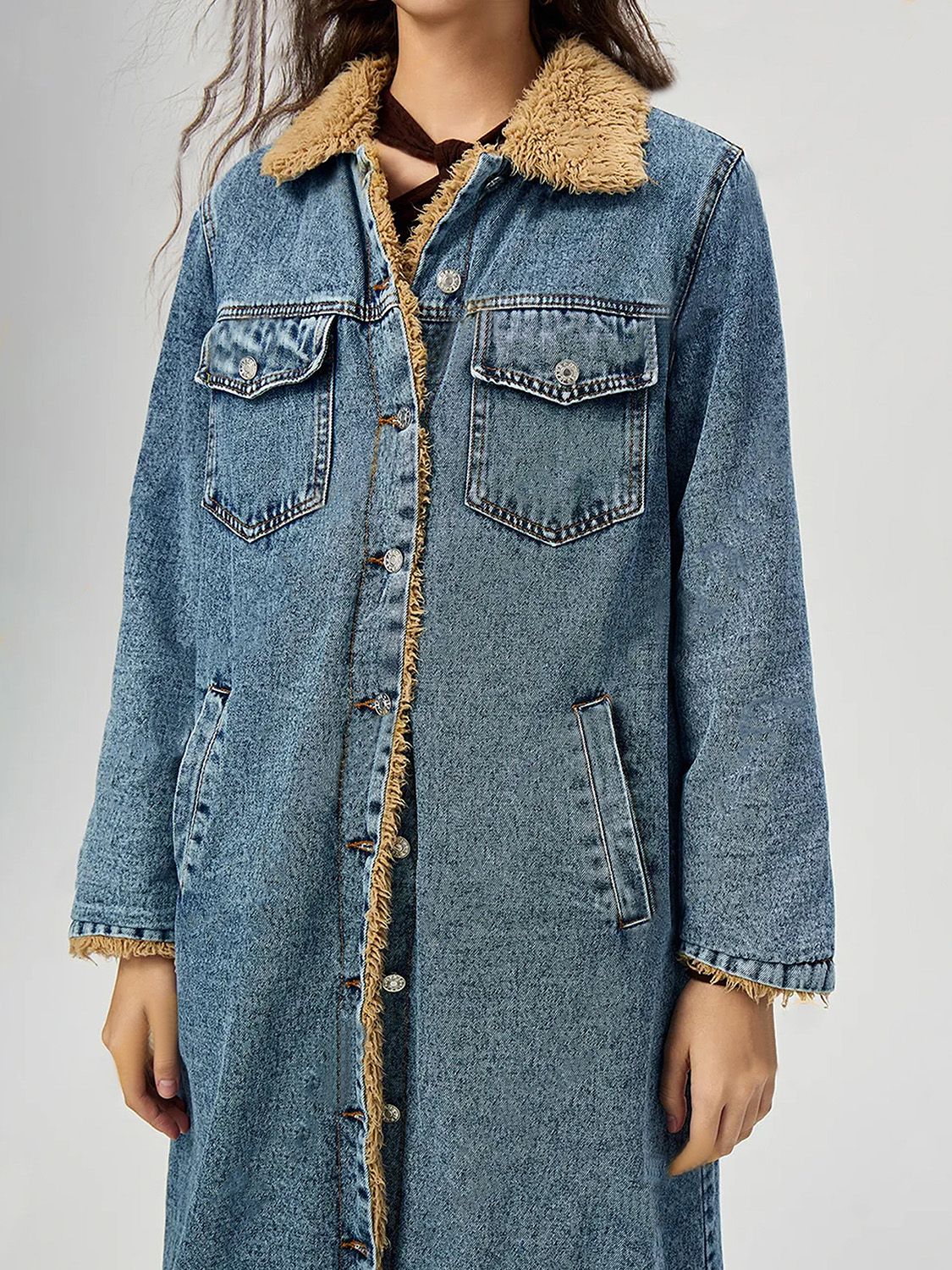 Pocketed Button Up Denim Jacket with Fur Lining - Little Miss Vanilla