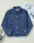 Navy Blue Ruffle Raw Hem Flap Pockets Denim Jacket