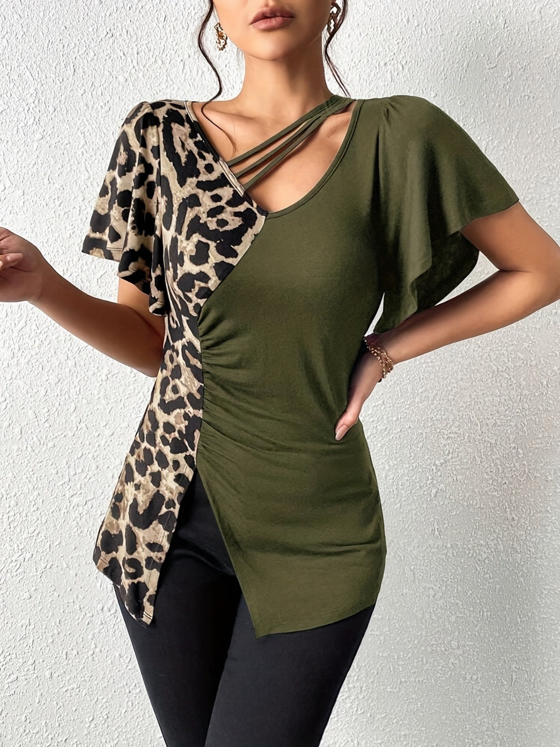 Ruched Leopard Flutter Sleeve T-Shirt - Little Miss Vanilla