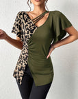 Ruched Leopard Flutter Sleeve T-Shirt - Little Miss Vanilla