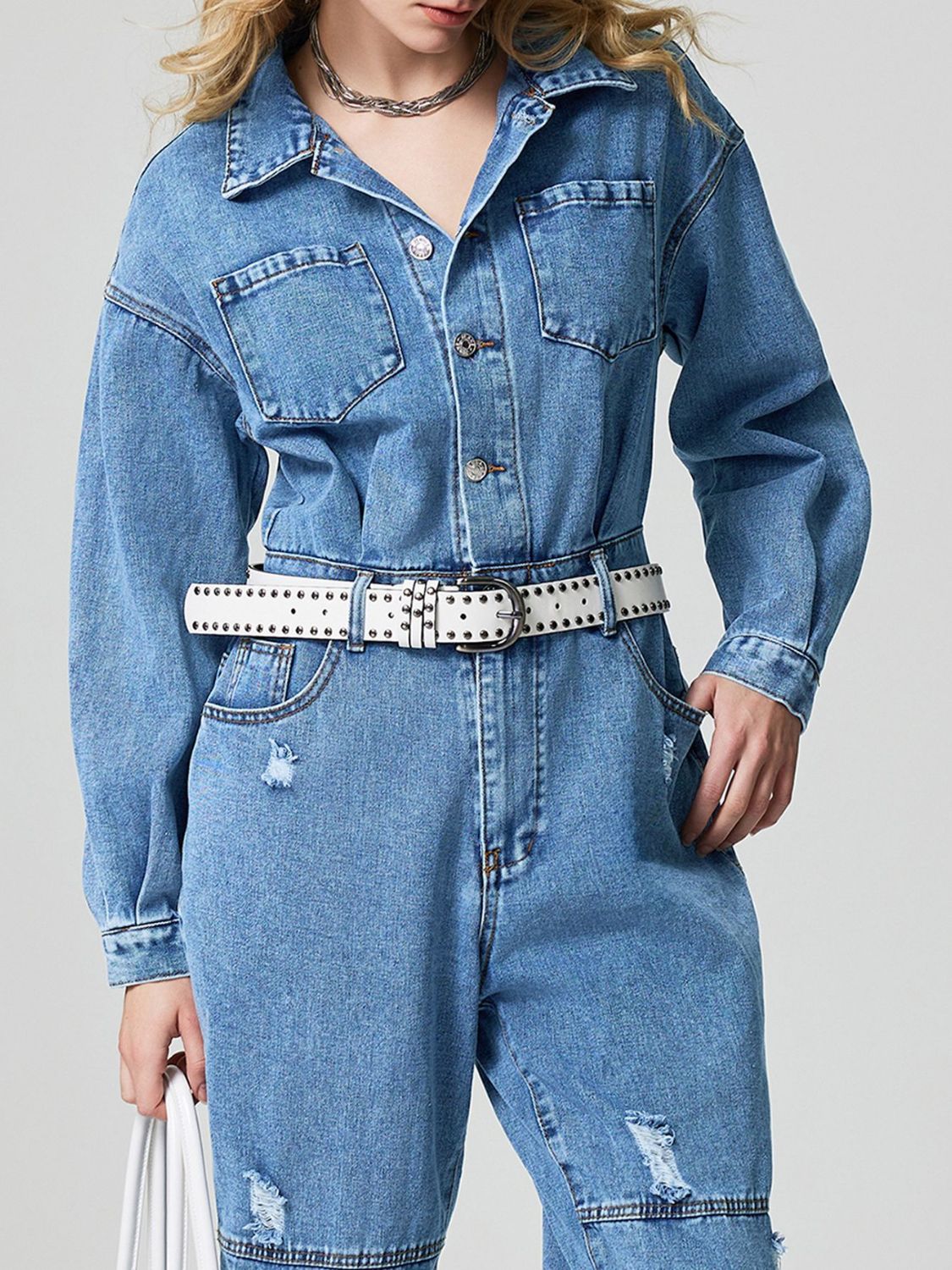 Distressed Button Down Drop Shoulder Denim Jumpsuit - Little Miss Vanilla