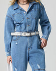 Distressed Button Down Drop Shoulder Denim Jumpsuit - Little Miss Vanilla