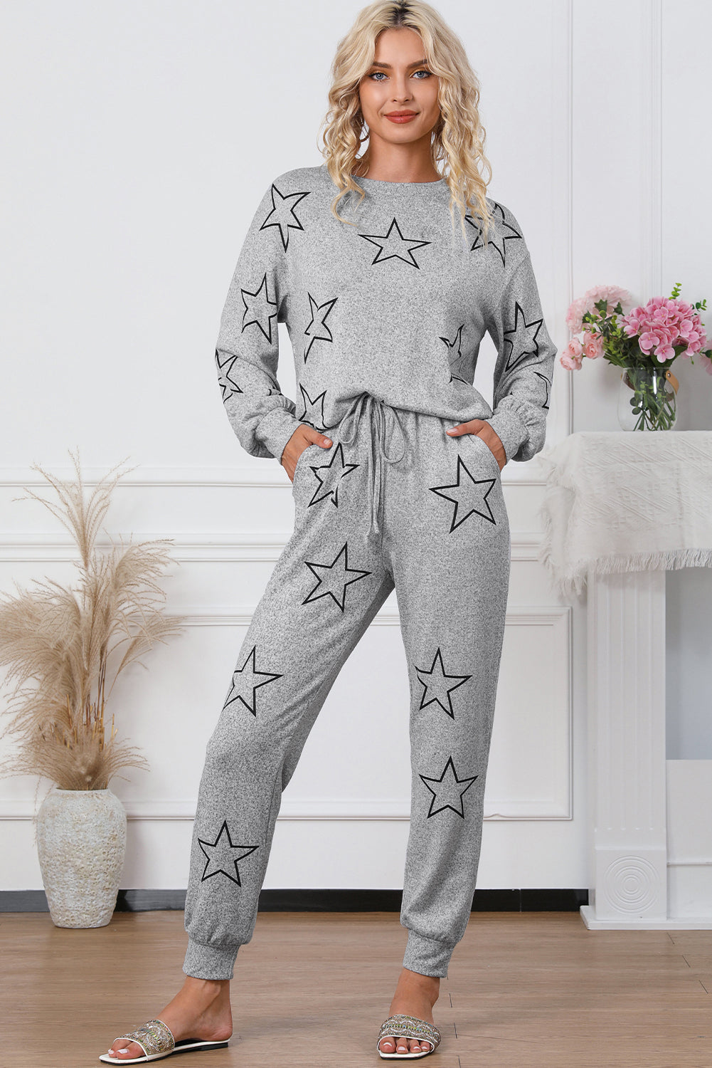 Gray Stars Print Long Sleeve Drawstring High Waist Lounge Set - Little Miss Vanilla