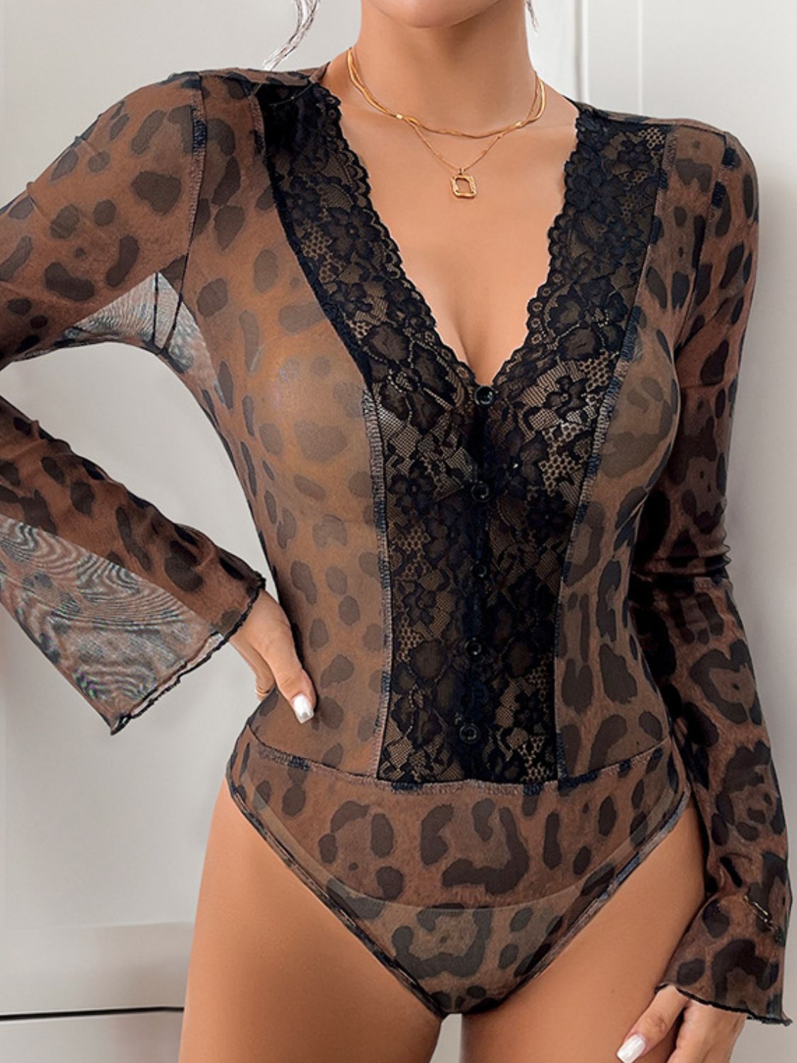 Perfee Leopard V-Neck Lace Bodysuit - Little Miss Vanilla