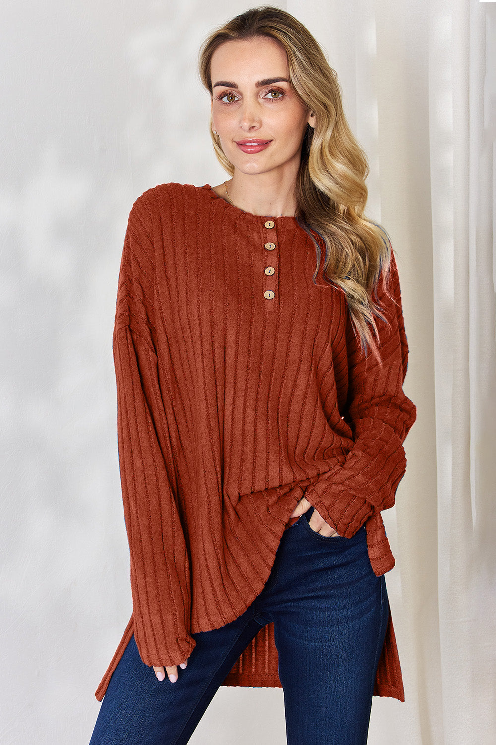 Basic Bae Full Size Ribbed Half Button Long Sleeve High-Low T-Shirt - Little Miss Vanilla