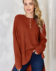 Basic Bae Full Size Ribbed Half Button Long Sleeve High-Low T-Shirt - Little Miss Vanilla