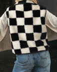 Black Checkered Sherpa Collared Jacket Vest