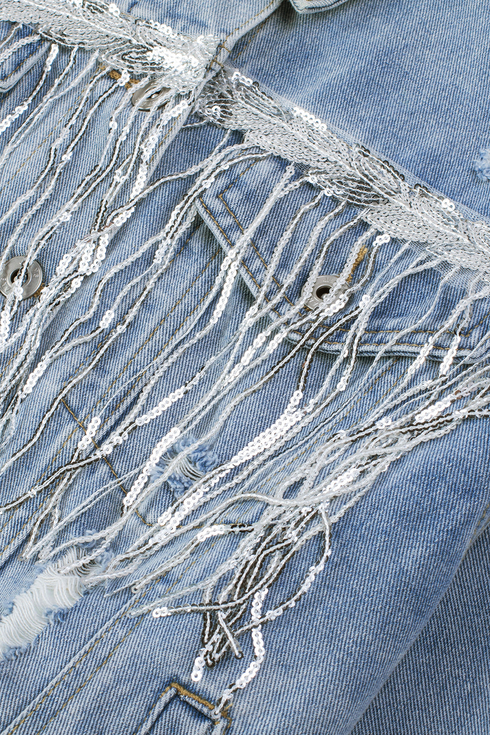 Sequin Fringe Trim Distressed Button Up Denim Jacket - Little Miss Vanilla